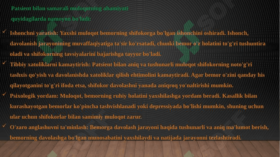 Patsient bilan verbal muloqot ko'nikmalari. Patsient bilan noverbal, verbal muloqot, ahamiyati, turlari (vaziyat, jest, ovoz, intonasiya, ritm, mimika) ko'nikmalari. 5