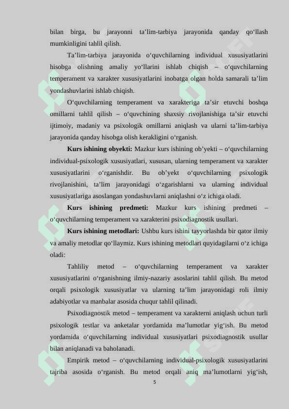 O‘quvchilarning individual-psixologik xususiyatlari psixodiagnostikasi: temperament va xarakter 5