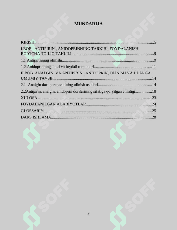 Antipirin , anidoprin, analgin olinishi sifatiga qoʻyilgan talablar 4