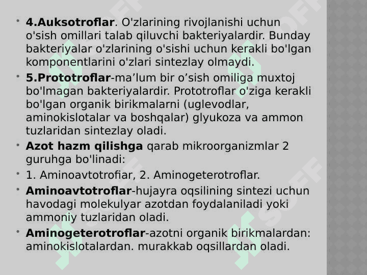 Aerob va anaerob bakteriyalarning sof kulturasini ajratish usullari. Mikroorganizmlar xayoti faoliyatida ishlab chiqaradigan mahsulotlari va ularni urganish usullari 5