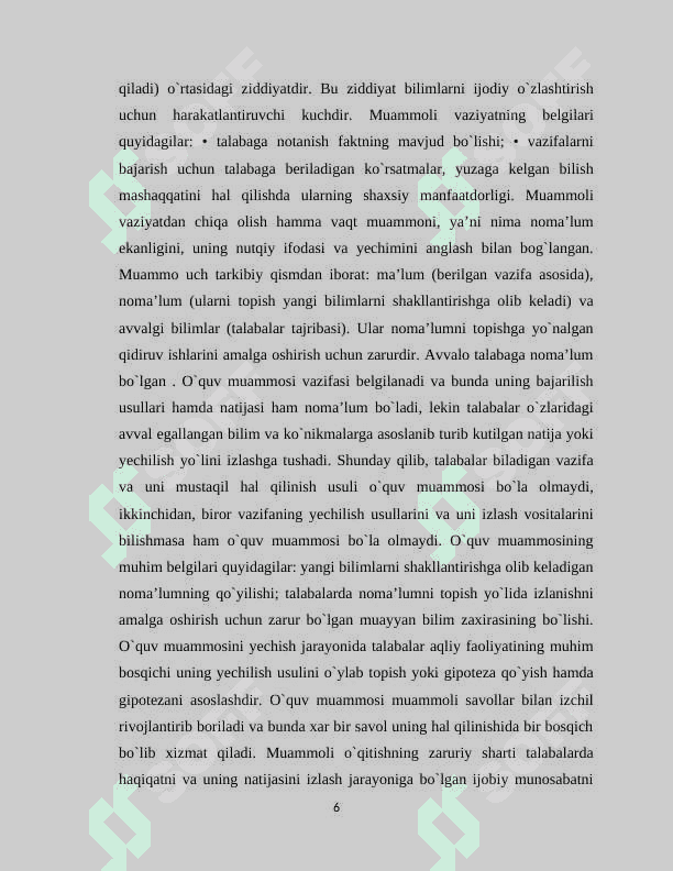 Biologiyadan sinfdan  tashqari   ishlarni  muammoli   ta’lim texnologiyasi asosida  loyihalashtirish 6