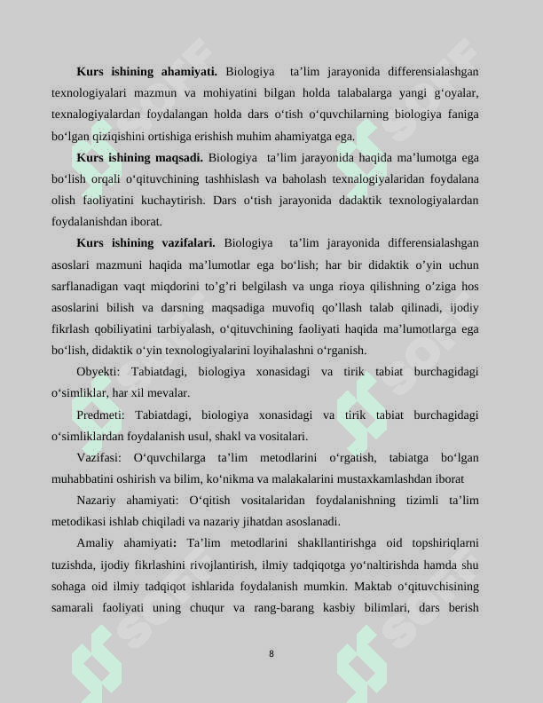 Biologiya  ta’lim jarayonida differensialashgan  texnologiyasidan  foydalanish  yo’llari 8