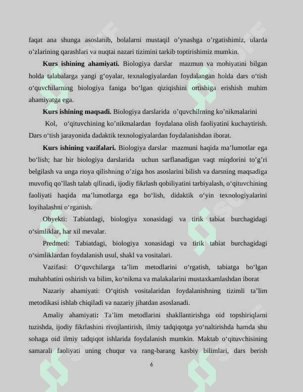 Biologiyani o’qitishda loyihalash texnologiyasidan foydalanishning ta’lim jaryonida o’rni 6