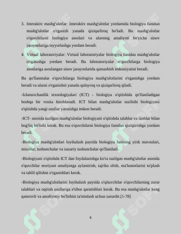 Biologiyani o’qitishda  izlanuvchanilik texnologiyalari  asosida biologiyadan mashg’ulotlar loyihalashtirish 8