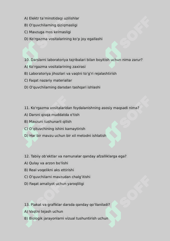 Biologiyani o‘qitishda foydalaniladigan ko‘rgazma vositalari va ularni darslarda uyg‘unlashtirish muammolari test 3