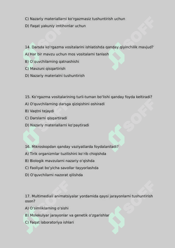 Biologiyani o‘qitishda foydalaniladigan ko‘rgazma vositalari va ularni darslarda uyg‘unlashtirish muammolari test 4