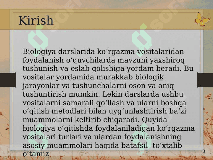 Biologiyani oʻqitishda foydalaniladigan koʻrgazma vositalari turlari va ularni darslarda uygʻunlashtirish muammolari 3