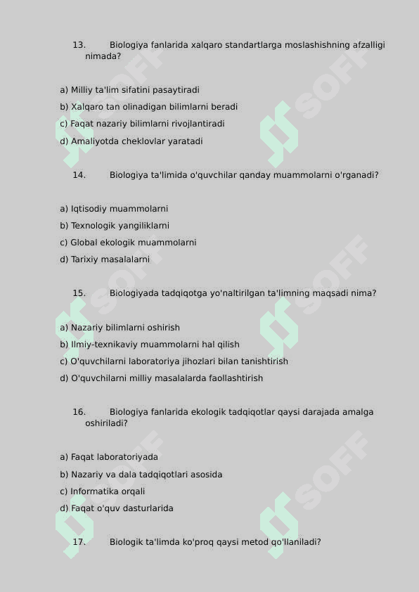 Chet ellarda biologik talimning o'ziga xosligi test javoblari bilan 4