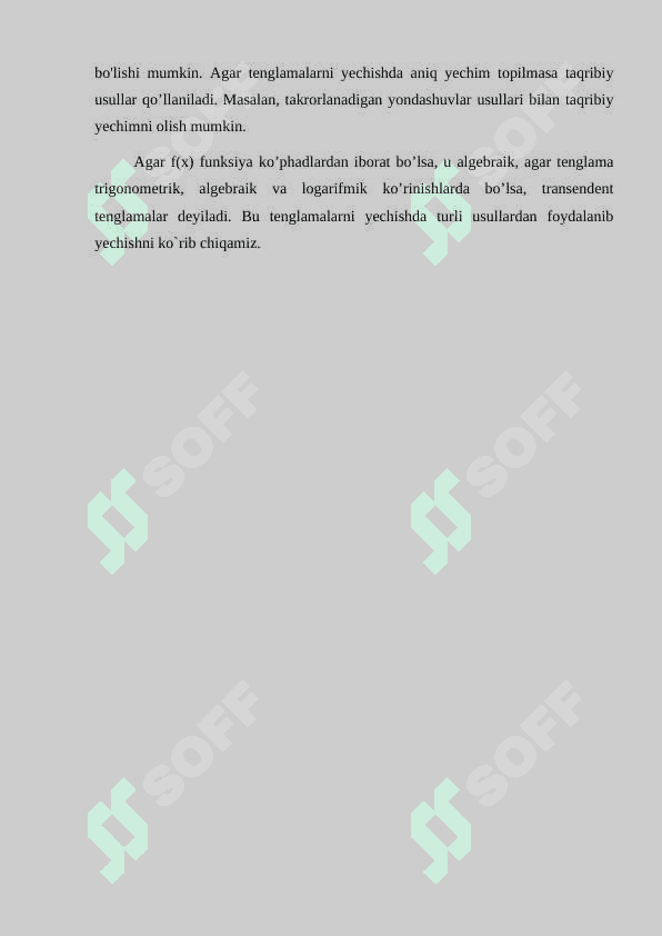 Algebraik va transsendent tenglamalarni taqribiy yechishda vatarlar va Nyuton usullarini samaradorlik bo’yicha taqqoslash. 5