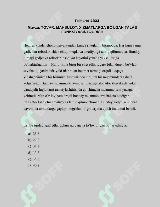 TOVAR, MAHSULOT, XIZMATLARGA BOʻLGAN TALAB FUNKSIYASINI QURISH 2