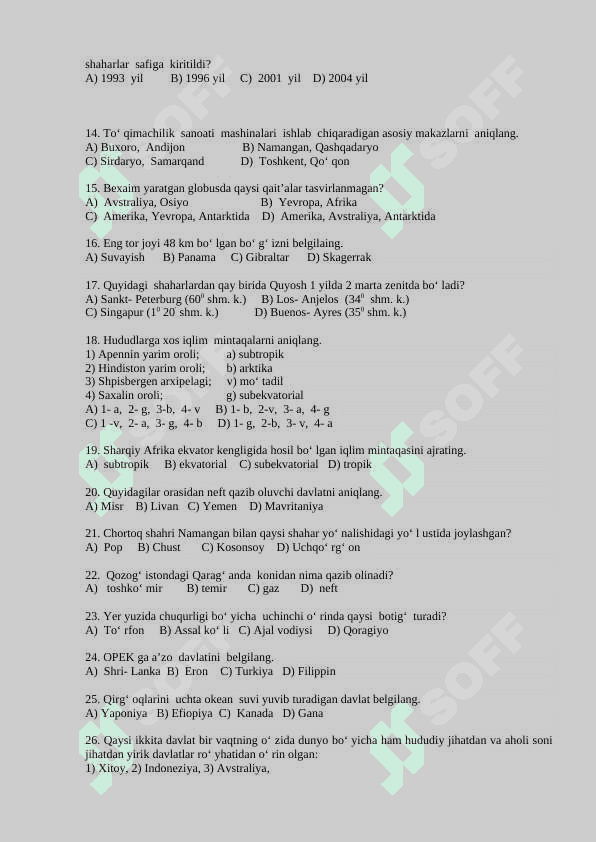 10 sinf  GEOGRAFIYA. test 2