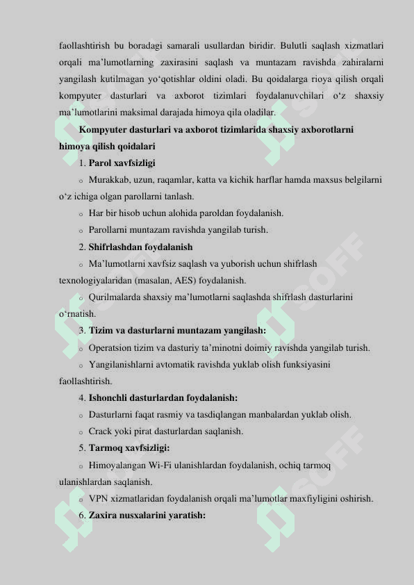Kompyuter dasturlari va axborot tizimlarida shaxsiy axborotlarning himoyasini ta’minlash. 2