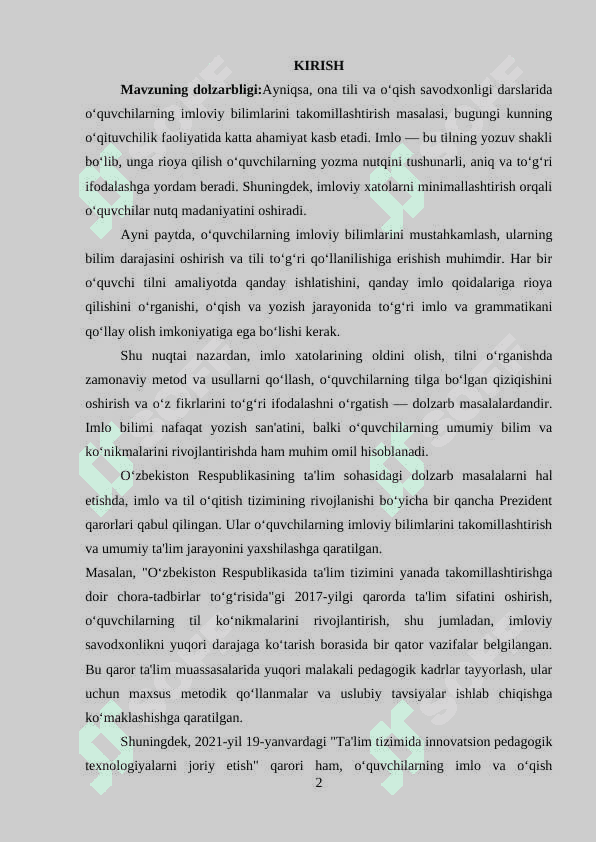 BOSHLANG‘ICH SINFLARDA ONA TILI VA O‘QISH SAVODXONLIGI DARSLARIDA O‘QUVCHILARNING IMLOVIY BILIMLARINI TAKOMILLASHTIRISH METODLARI 2