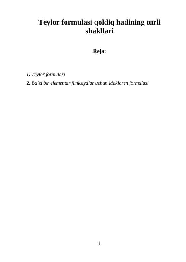 Teylor formulasi qoldiq hadining turli shakllari 1