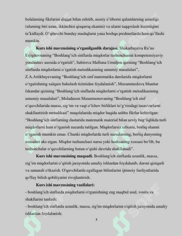 Boshlang'ich sinflarda uzunlik, massa, sig'im miqdorlarini o'qitish jarayonida amaliy ishlarning roli 4
