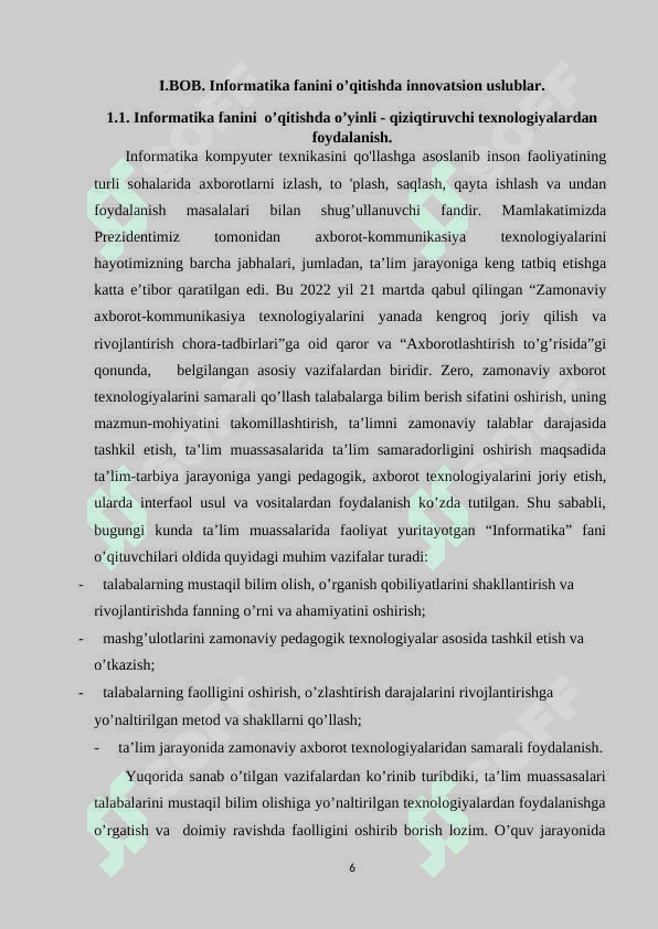 INFORMATIKA DARSLARIDA O`QUVCHILAR BILIM KO`NIKMA VA MALAKALARINI NAZORAT QILISH BAHOLASHNING ZAMONAVIY VOSITALARI 6