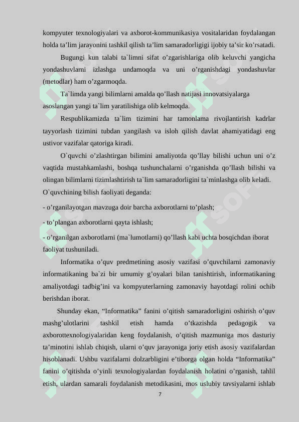 INFORMATIKA DARSLARIDA O`QUVCHILAR BILIM KO`NIKMA VA MALAKALARINI NAZORAT QILISH BAHOLASHNING ZAMONAVIY VOSITALARI 7