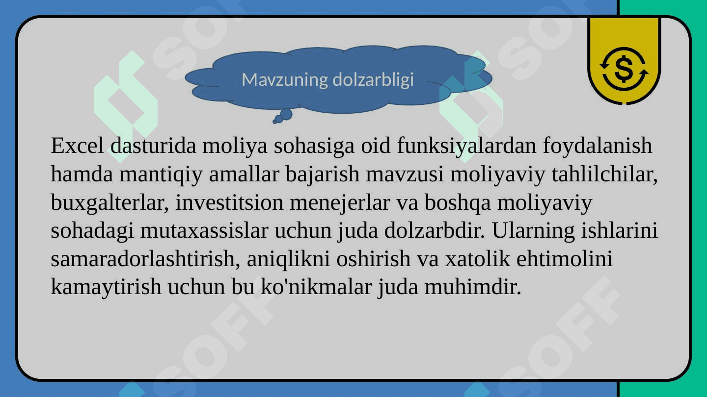 Excel dasturida moliya sohasiga oid funksiyalardan foydalanish hamda mantiqiy amallar bajarish 6