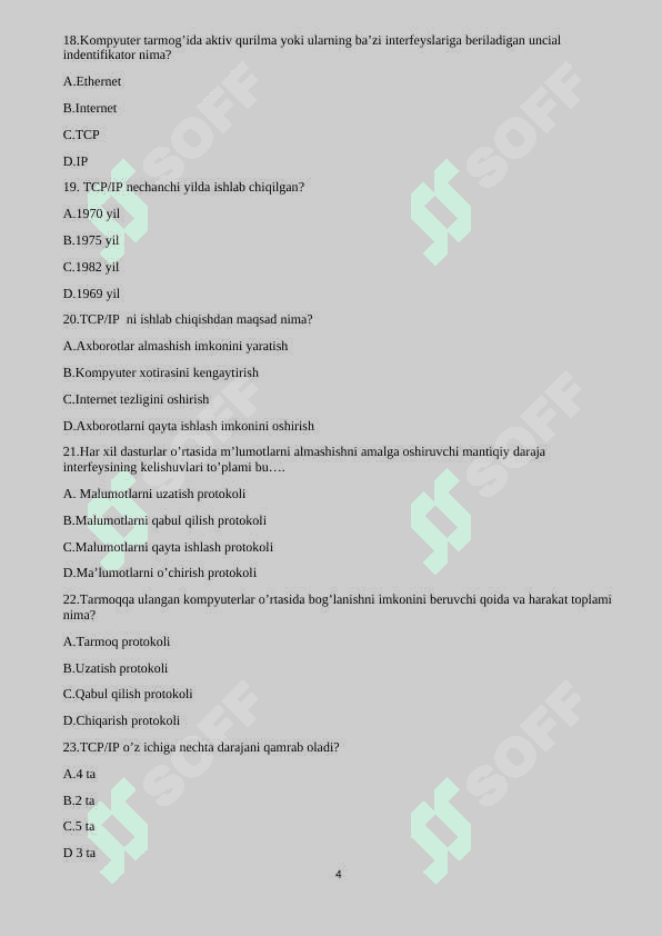 KIberxafsizlik 200 talik test savol javobi bilan 4