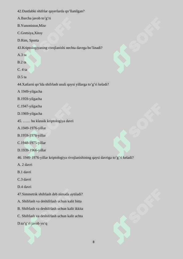 KIberxafsizlik 200 talik test savol javobi bilan 8