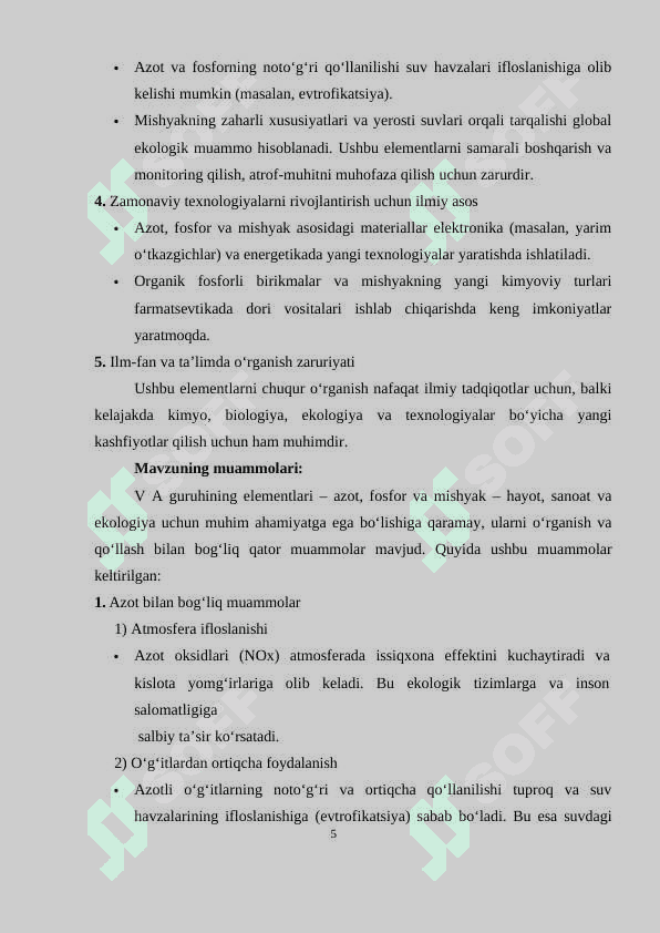 V A guruhining elementlari: azot kimyosi, fosfor kimyosi, mishyak kichik guruhining xususiyatlari 6