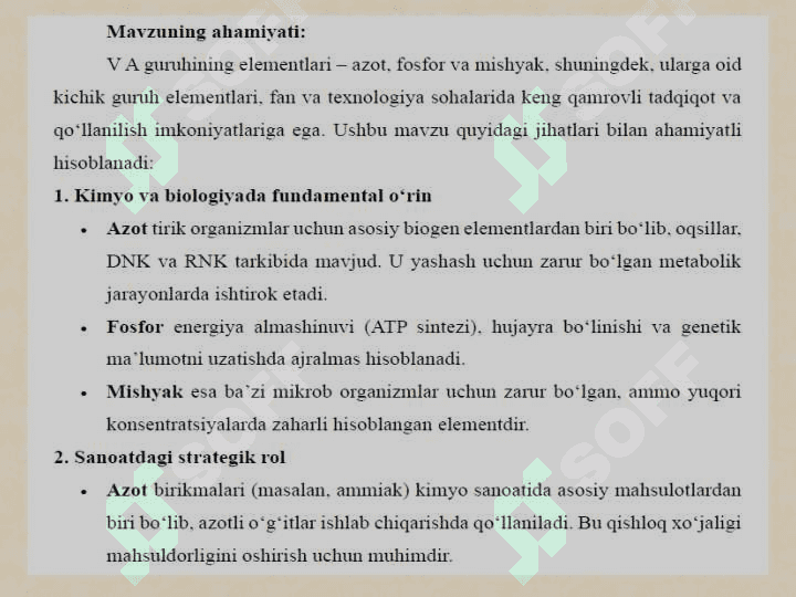 V A guruhining elementlari: azot kimyosi, fosfor kimyosi, mishyak kichik guruhining xususiyatlari 3