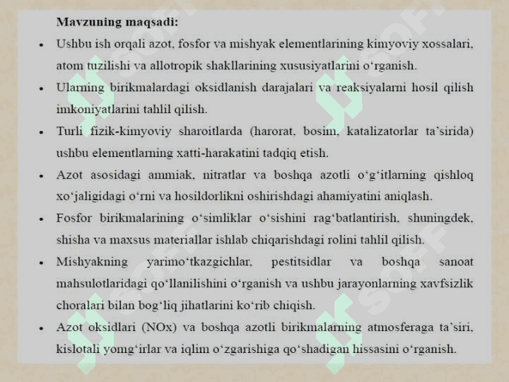 V A guruhining elementlari: azot kimyosi, fosfor kimyosi, mishyak kichik guruhining xususiyatlari 4