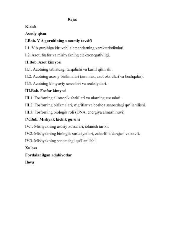 V A guruhining elementlari: azot kimyosi, fosfor kimyosi, mishyak kichik guruhining xususiyatlari