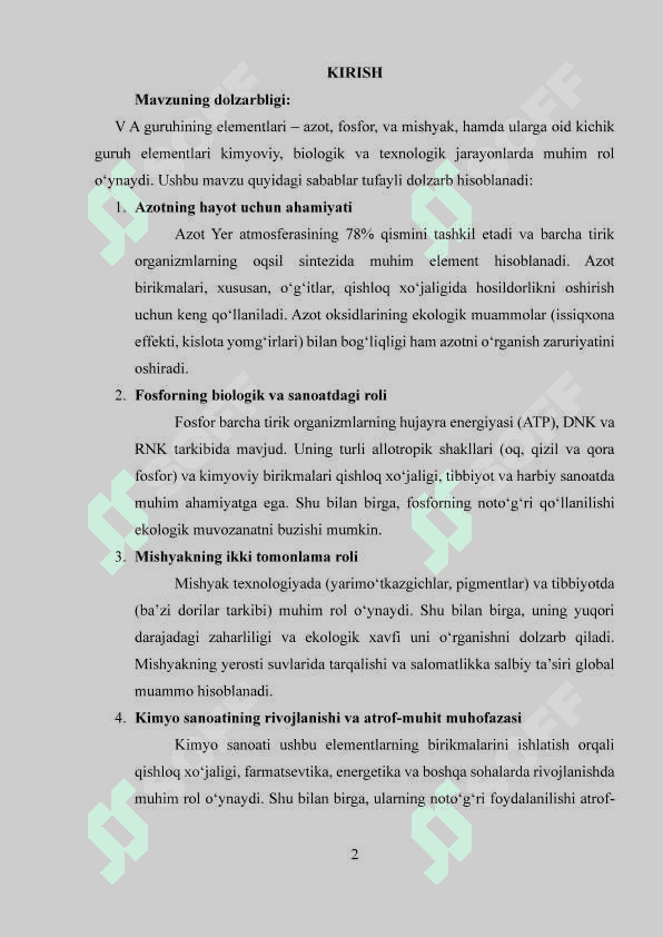 V A guruhining elementlari: azot kimyosi, fosfor kimyosi, mishyak kichik guruhining xususiyatlari 2