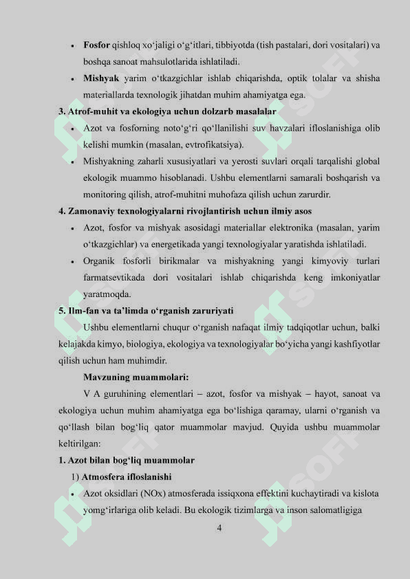 V A guruhining elementlari: azot kimyosi, fosfor kimyosi, mishyak kichik guruhining xususiyatlari 4