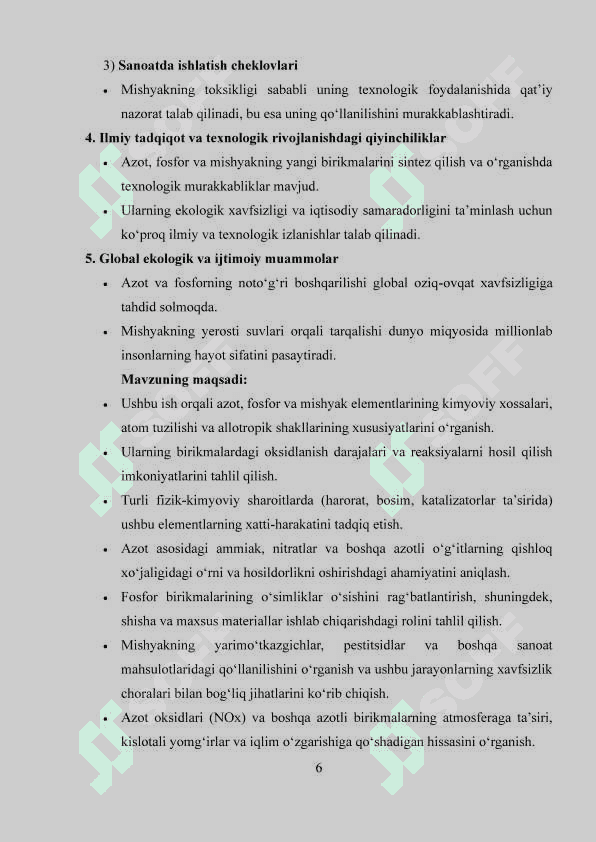 V A guruhining elementlari: azot kimyosi, fosfor kimyosi, mishyak kichik guruhining xususiyatlari 6