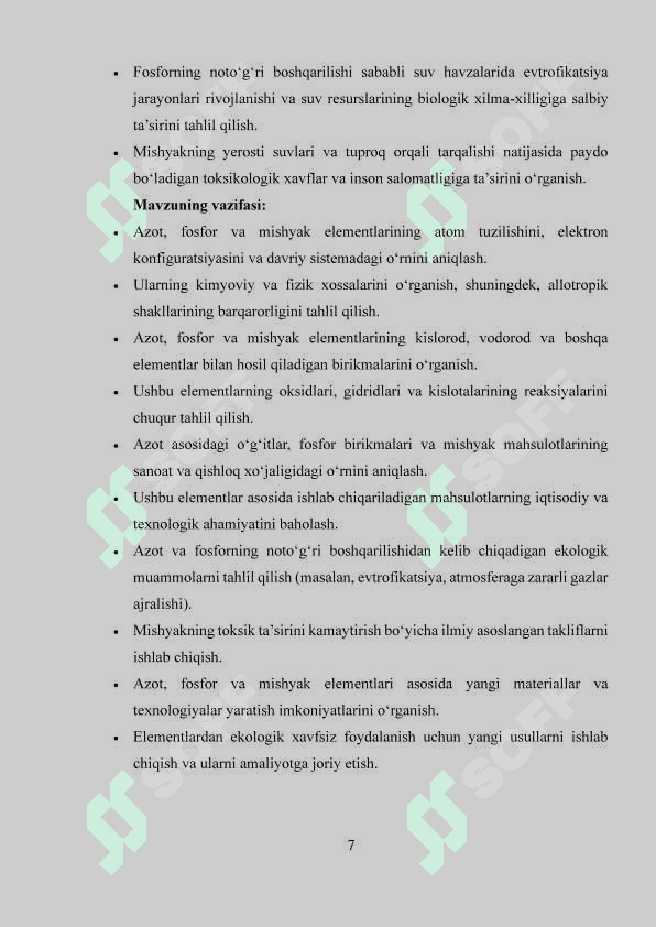 V A guruhining elementlari: azot kimyosi, fosfor kimyosi, mishyak kichik guruhining xususiyatlari 7