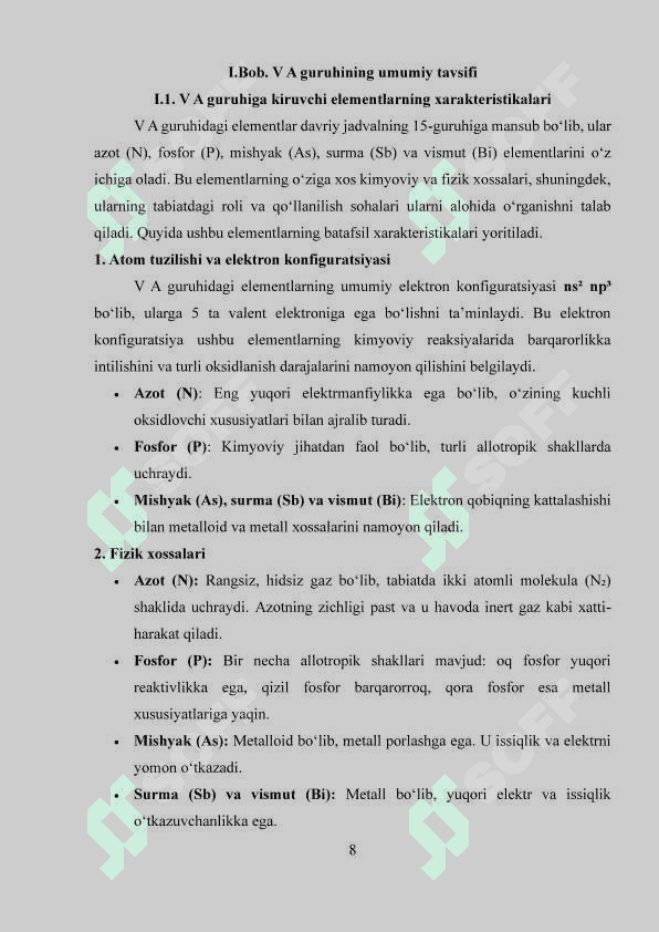 V A guruhining elementlari: azot kimyosi, fosfor kimyosi, mishyak kichik guruhining xususiyatlari 8