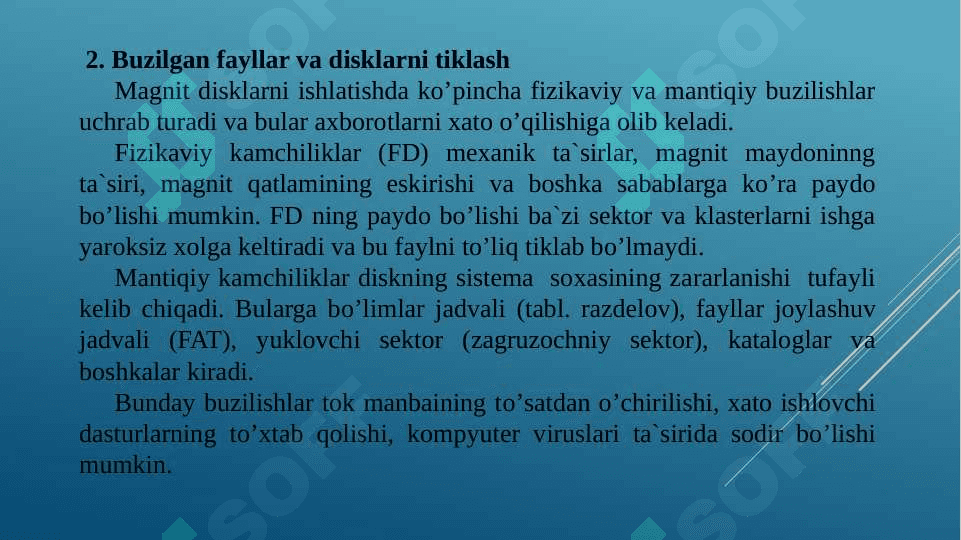 Disklarga xizmat ko’rsatuvchi dasturlar: Shikastlangan fayllar va disklarni tiklash. Arxivlashtirish dasturlari. 8