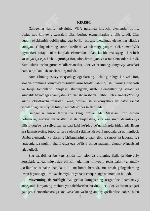 Galogenlar: ftor kimyosi, xlor kimyosi, brom kichik guruhining xususiyatlari 3