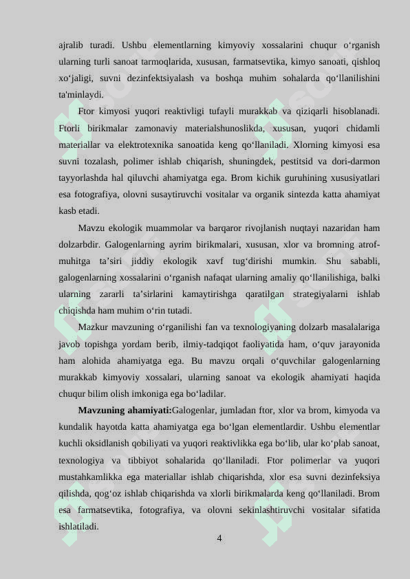 Galogenlar: ftor kimyosi, xlor kimyosi, brom kichik guruhining xususiyatlari 4