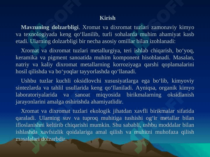Xromat va dixromat tuzlari tuzilishi, olinishi va xossalari 3