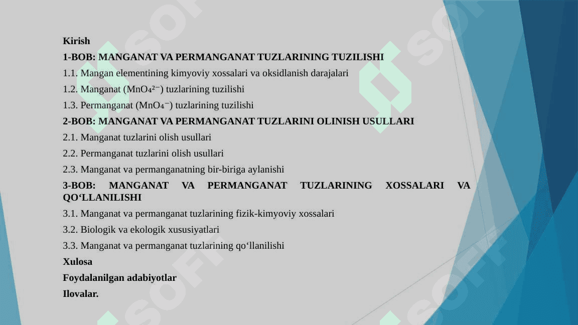 Manganat va permanganat tuzlari tuzilishi, olinishi va xossalari 2