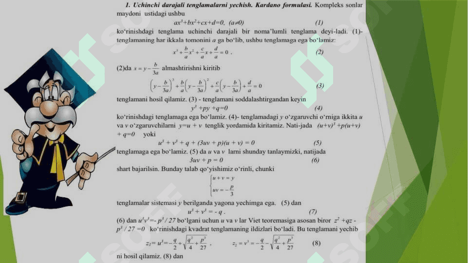 UCHINCHI VA TOʻRTINCHI DARAJALI ALGEBRAIK TENGLAMALARNI YECHISH 4