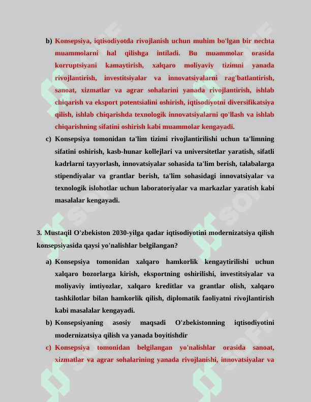 Mustaqil O’zbekiston  iqtisodiyotini modernizatsiya qilish konsepsiyasi mavzusida test 2