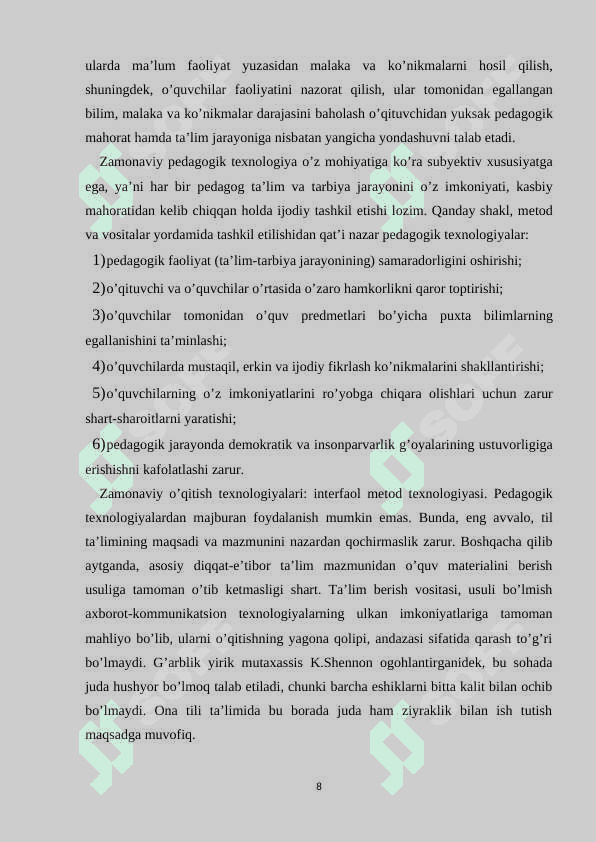 BOSHLANG’ICH SINFLARDA ONA TILI VA O‘QISH SAVODXONLIGI DARSLARIDA ONA HAQIDAGI ASARLARNI ZAMONAVIY PEDAGOGIK TEXNOLOGIYALAR ASOSIDA O'RGANISH USULLARI 8