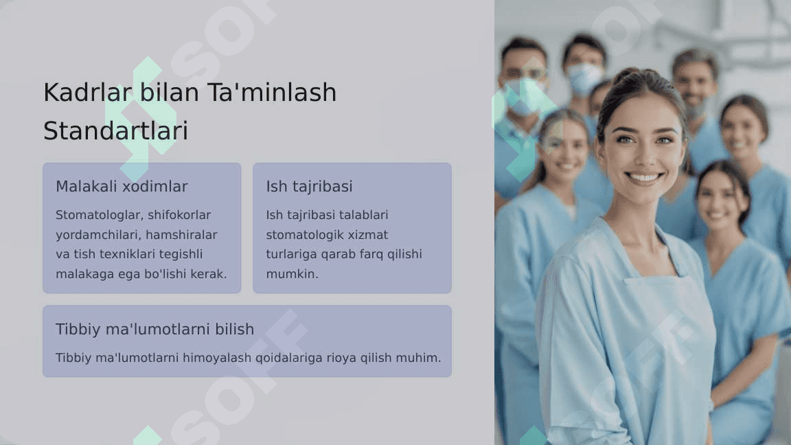 Stomatologiya  klinikasi,  uning  turlari,  kategoriyalari.  Tibbiy  xodimlarning kadrlar  bilan  ta’minlash  standartlari  va  funksional  majburiyatlari.  Tish  klinikasining hujjatlari 4
