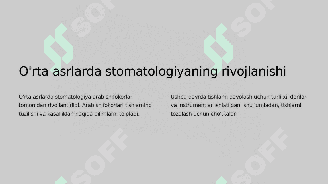 Stomatologiyaga kirish. Stomatologiya rivojlanishining tarixiy bosqichlari. Mahalliy stomatologiya va asosiy maktablaming rivojlanish bosqichlari 4