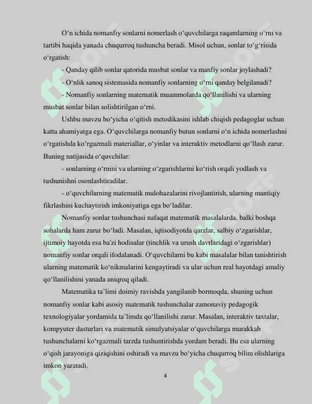 BOSHLANG'ICH SINFLARDA NOMANFIY BUTUN SONLARNI  O'N ICHIDA NOMERLASHGA O'RGATISH METODIKASI 4