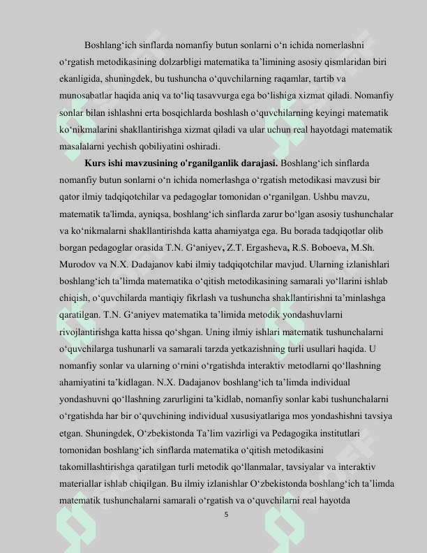 BOSHLANG'ICH SINFLARDA NOMANFIY BUTUN SONLARNI  O'N ICHIDA NOMERLASHGA O'RGATISH METODIKASI 5