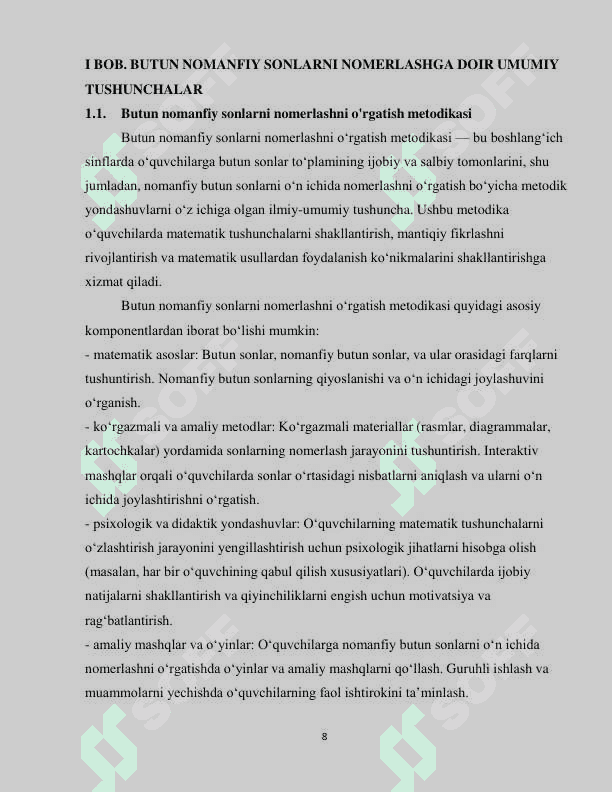 BOSHLANG'ICH SINFLARDA NOMANFIY BUTUN SONLARNI  O'N ICHIDA NOMERLASHGA O'RGATISH METODIKASI 8