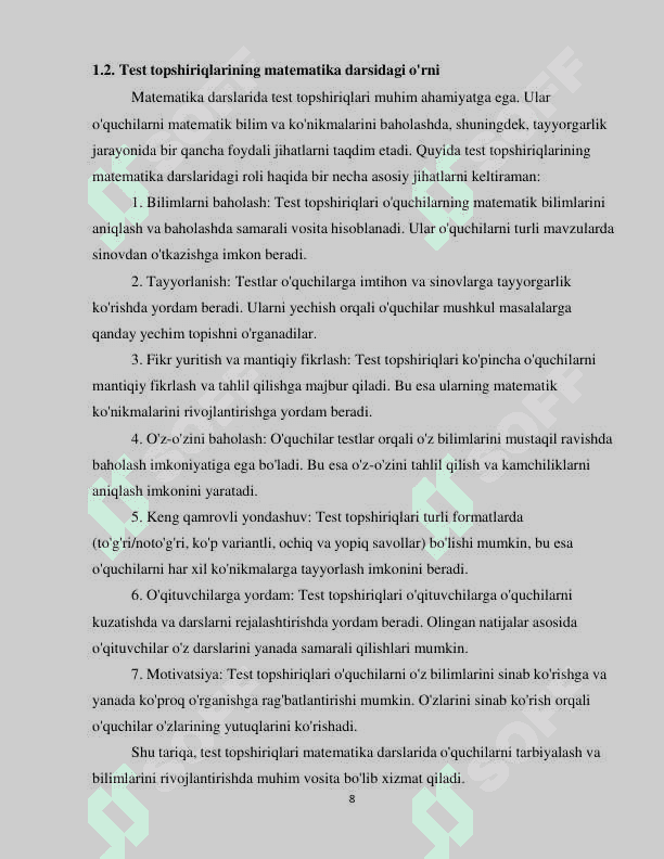 BOSHLANGʻICH SINFLARDA MATEMATIKA DARSLARIDA  TEST TOPSHIRIQLARIDAN FOYDALANISH 8