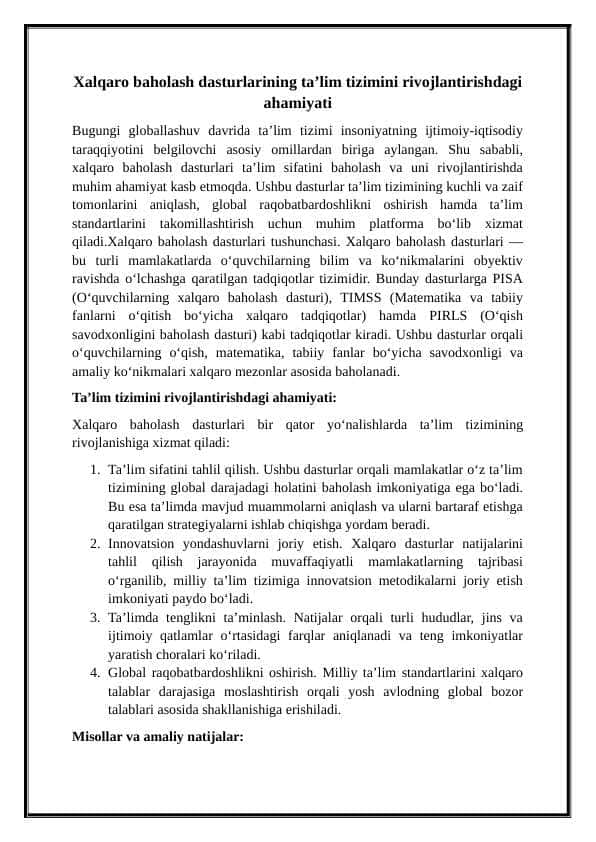 Xalqaro baholash dasturlarning ta’lim tizimini rivojlantirishdagi ahamiyati