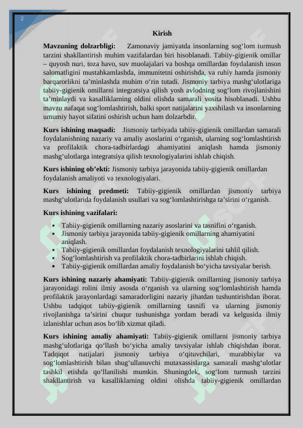 Tabiiy- gigienik omillar jismoniy tarbiya vositasi sifatida va ularni qo’llash. KURS ISHI 2