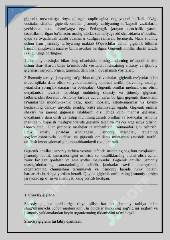 Tabiiy- gigienik omillar jismoniy tarbiya vositasi sifatida va ularni qo’llash. KURS ISHI 8